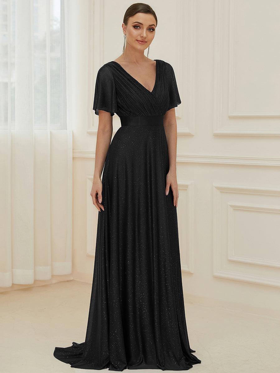 Robe de soirée longue scintillante à col en V et à manches flottantes #Couleur_Noir