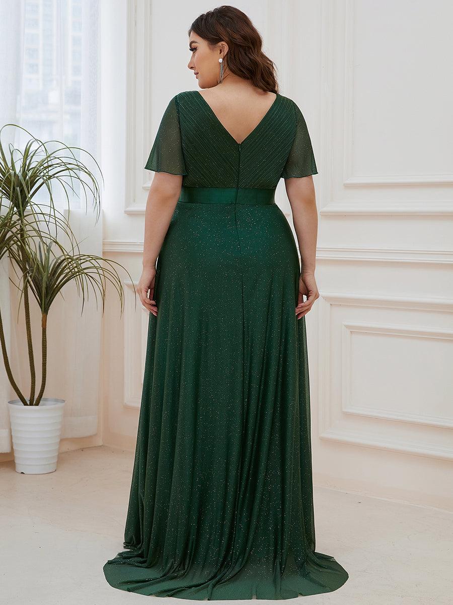 Robe de soirée grande taille manches courtes et col en V #Couleur_Vert Fonce