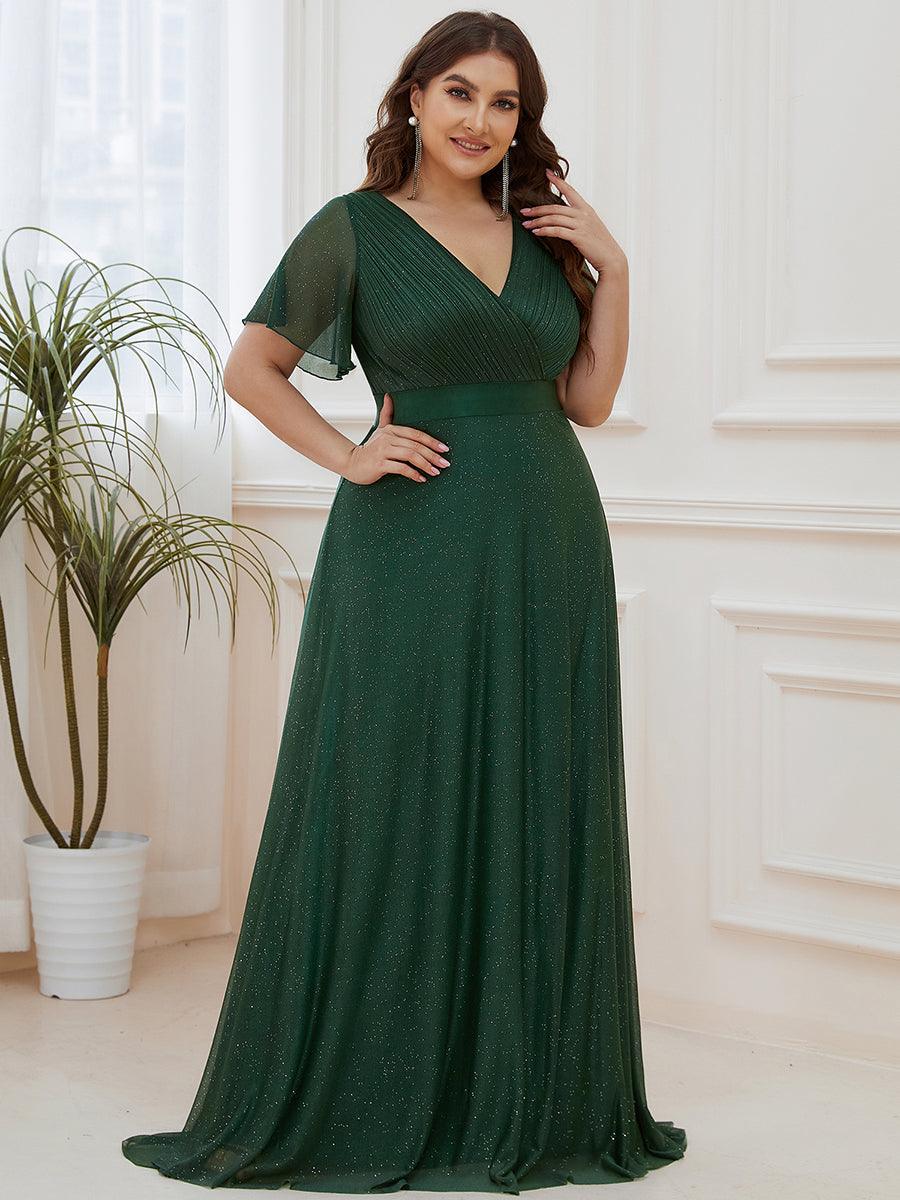 Robe de soirée grande taille manches courtes et col en V #Couleur_Vert Fonce