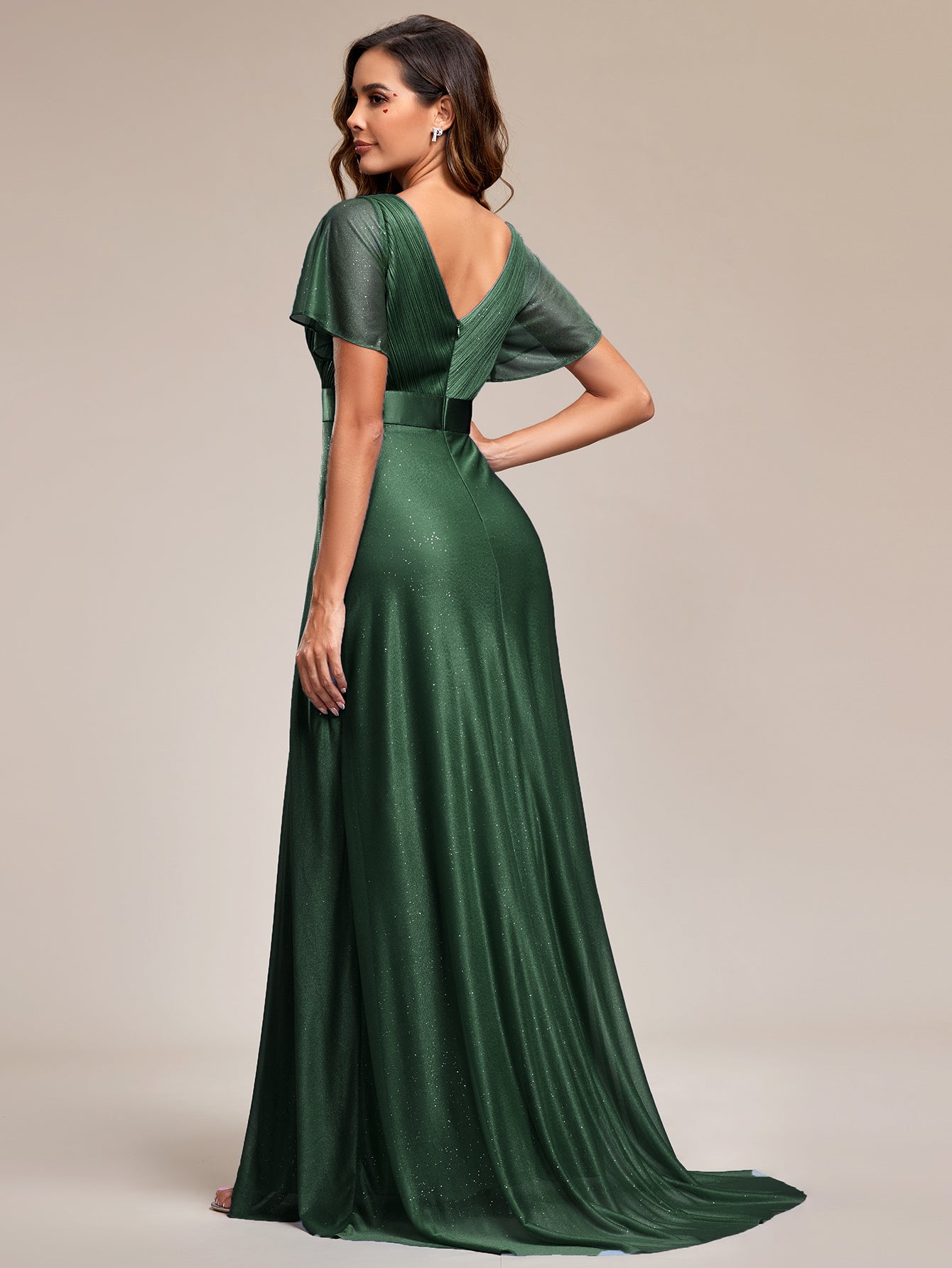 Robe de soirée longue scintillante à col en V et à manches flottantes #Couleur_Vert Fonce