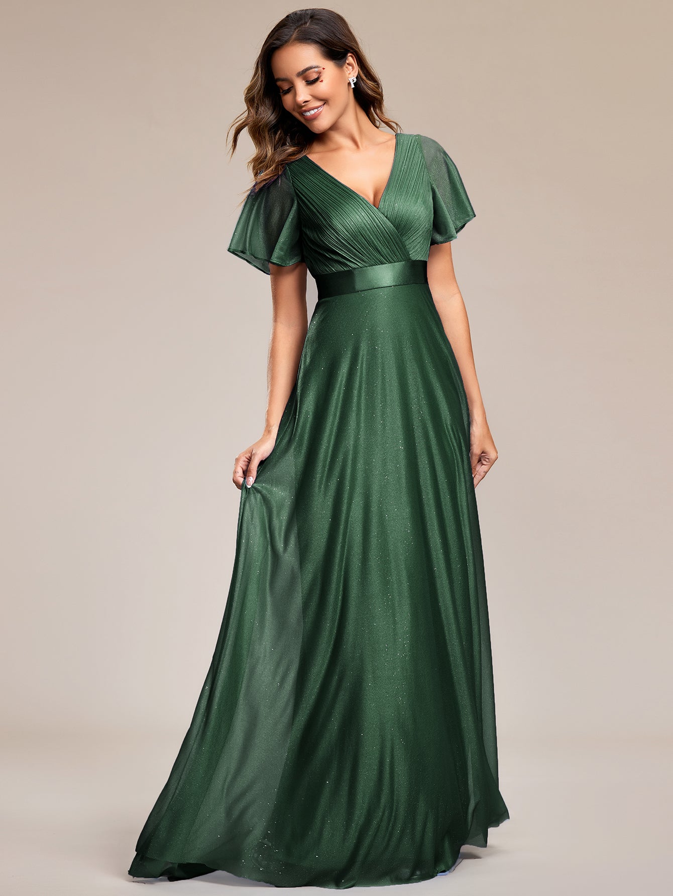 Robe de soirée longue scintillante à col en V et à manches flottantes #Couleur_Vert Fonce