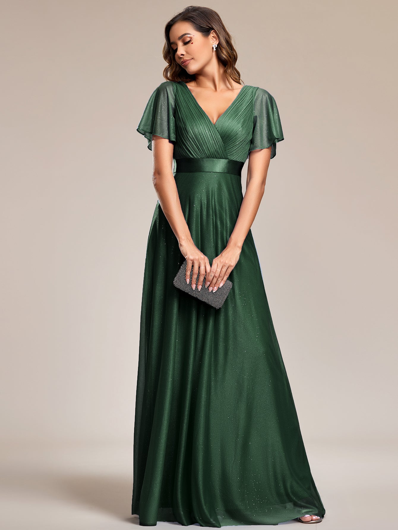 Robe de soirée longue scintillante à col en V et à manches flottantes #Couleur_Vert Fonce
