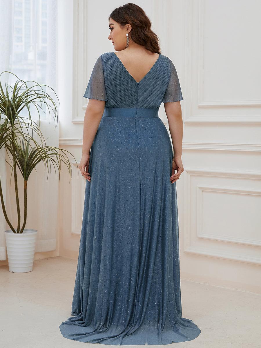 Robe de soirée grande taille manches courtes et col en V #Couleur_Marine Fume