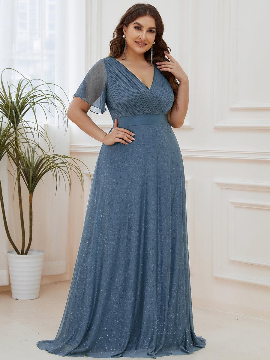 Robe de soirée grande taille manches courtes et col en V #Couleur_Marine Fume