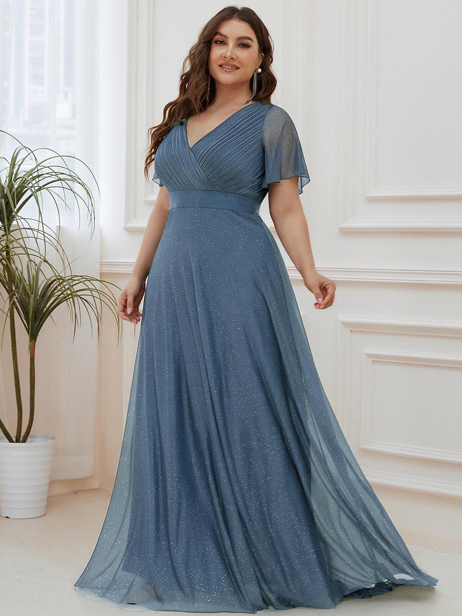 Robe de soirée grande taille manches courtes et col en V #Couleur_Marine Fume