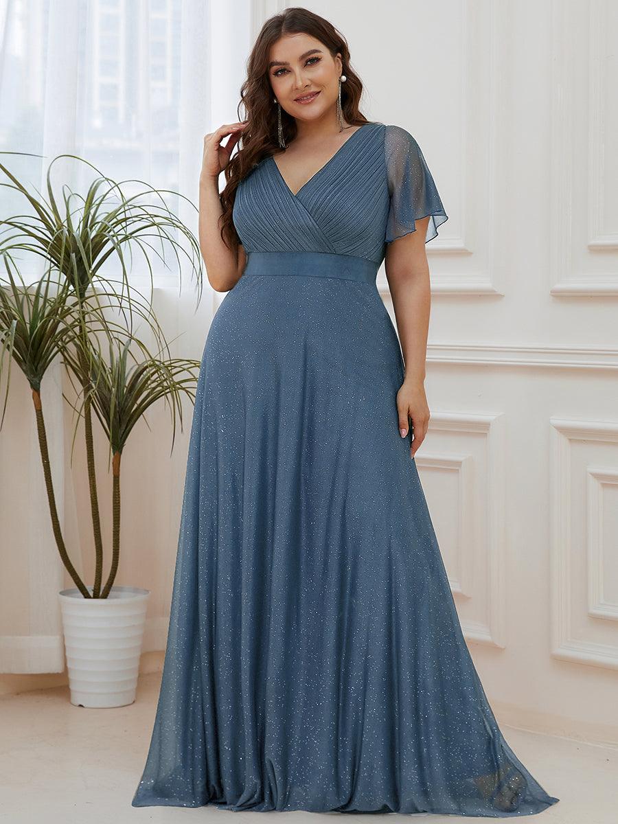 Robe de soirée grande taille manches courtes et col en V #Couleur_Marine Fume