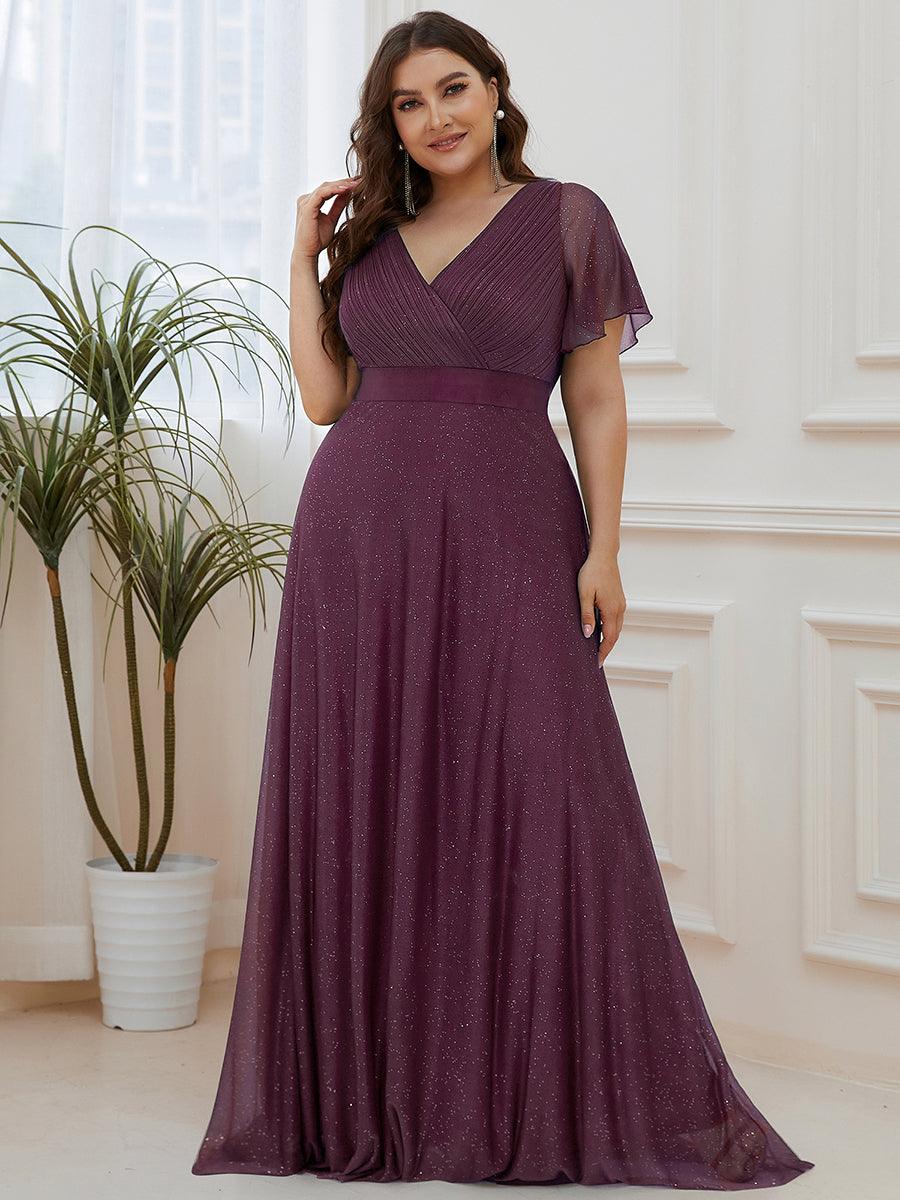 Robe de soirée grande taille manches courtes et col en V #Couleur_Violet Fonce