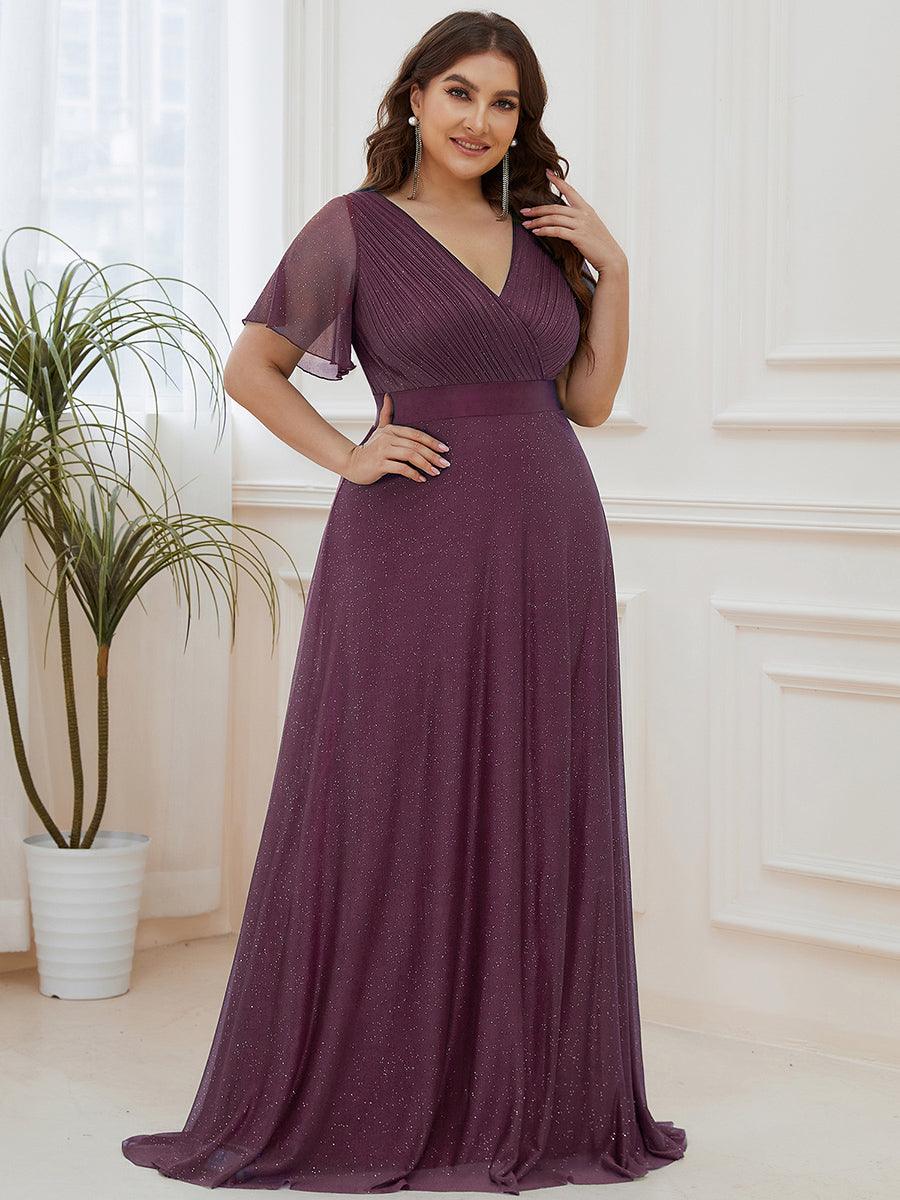 Robe de soirée grande taille manches courtes et col en V #Couleur_Violet Fonce