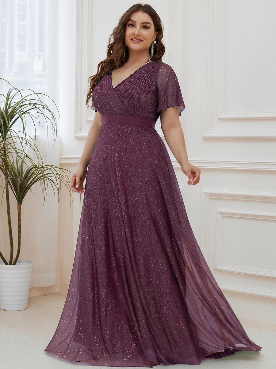Robe de soirée grande taille manches courtes et col en V #Couleur_Violet Fonce