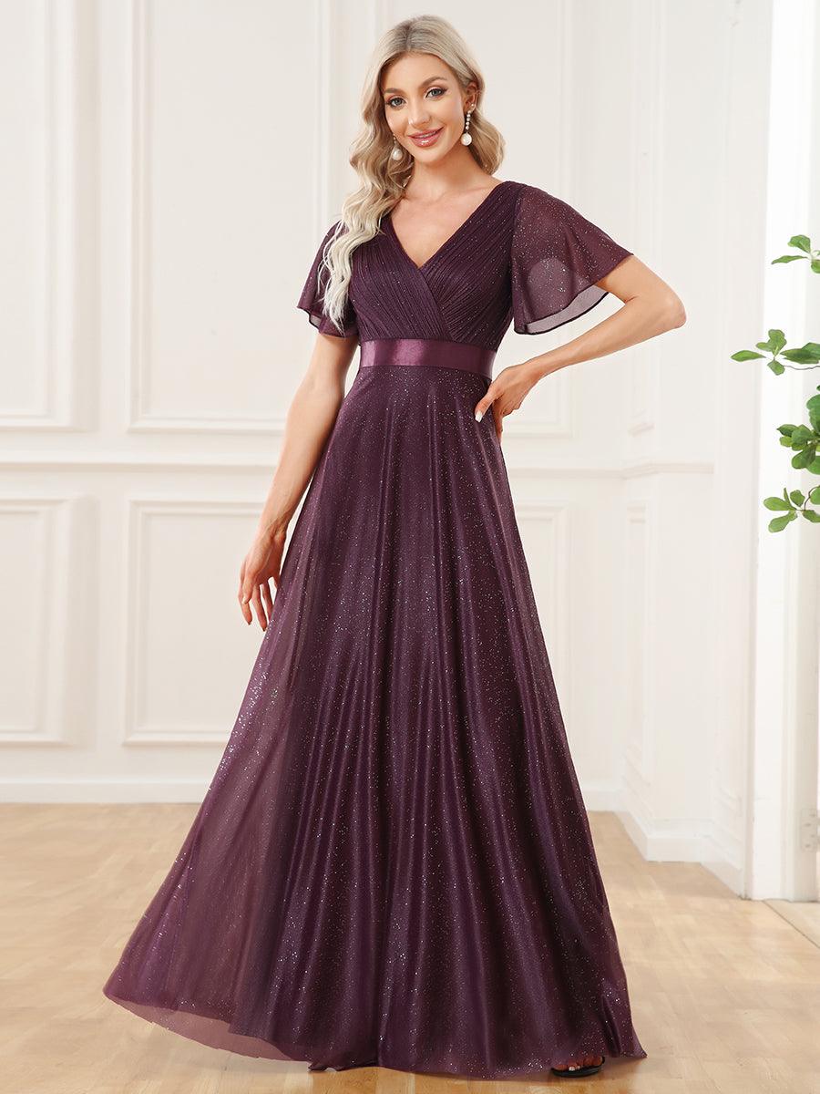 Robe de soirée longue scintillante à col en V et à manches flottantes #Couleur_Violet Fonce