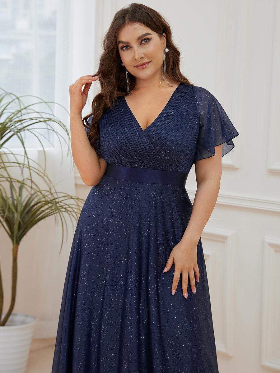 Robe de soirée grande taille manches courtes et col en V #Couleur_Bleu Marine