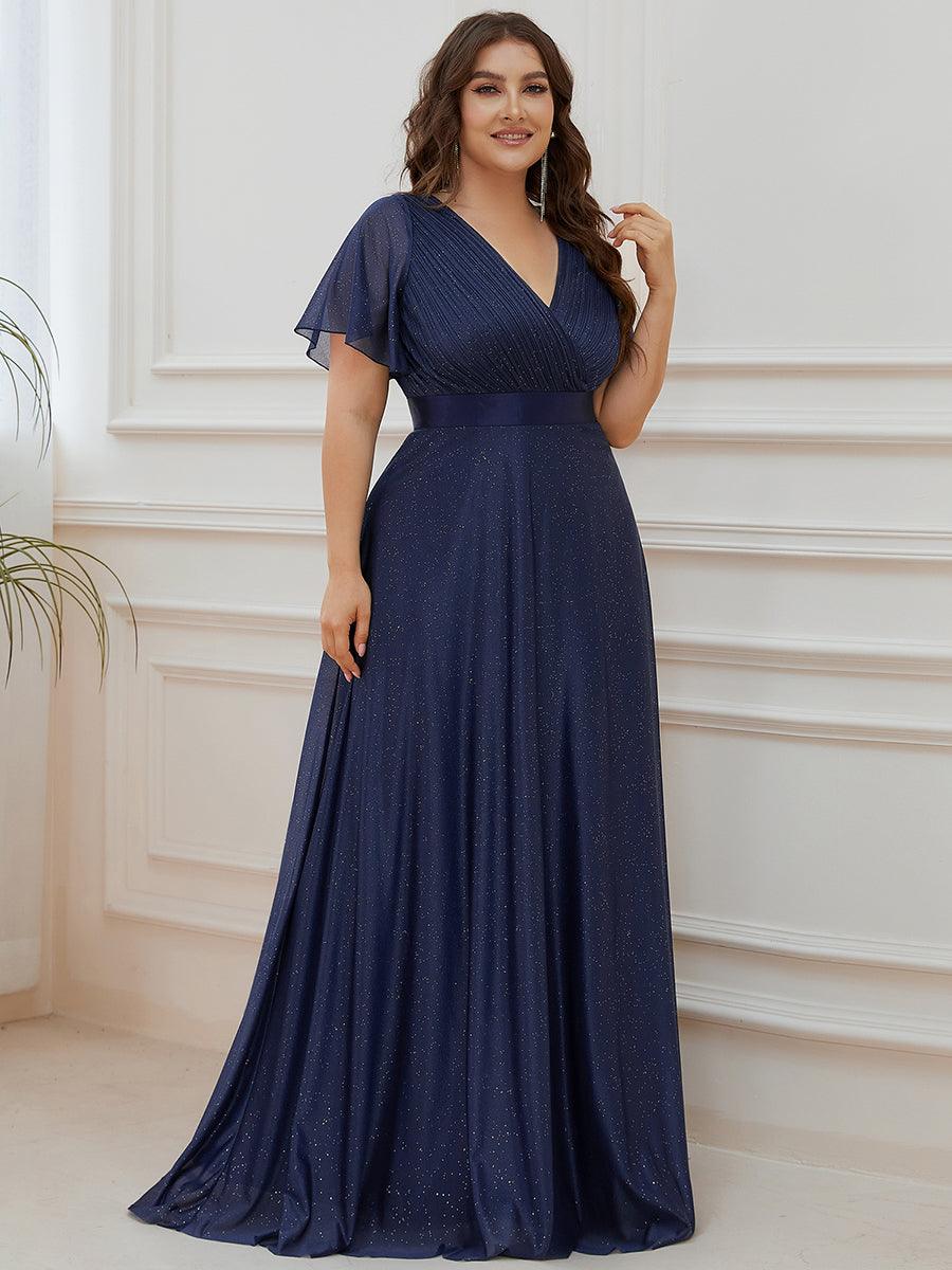 Robe de soirée grande taille manches courtes et col en V #Couleur_Bleu Marine