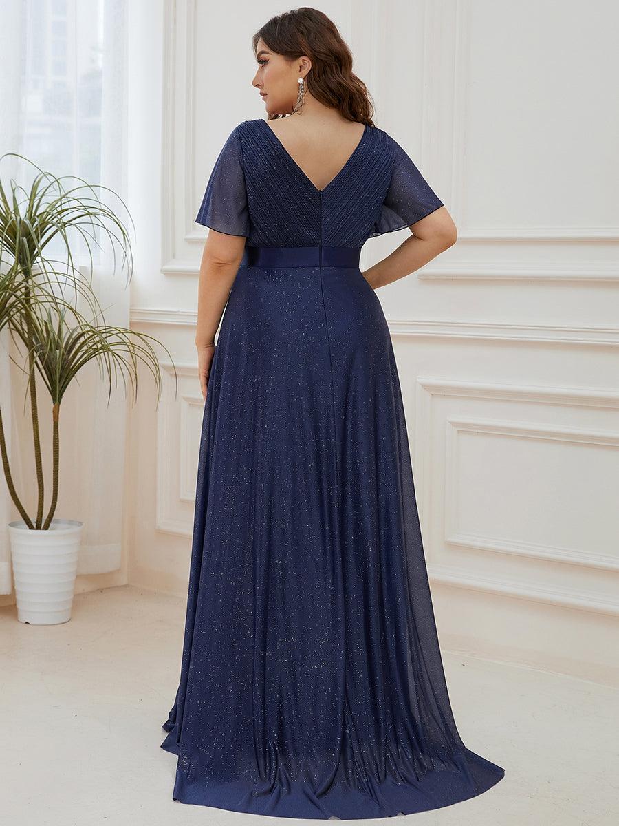 Robe de soirée grande taille manches courtes et col en V #Couleur_Bleu Marine