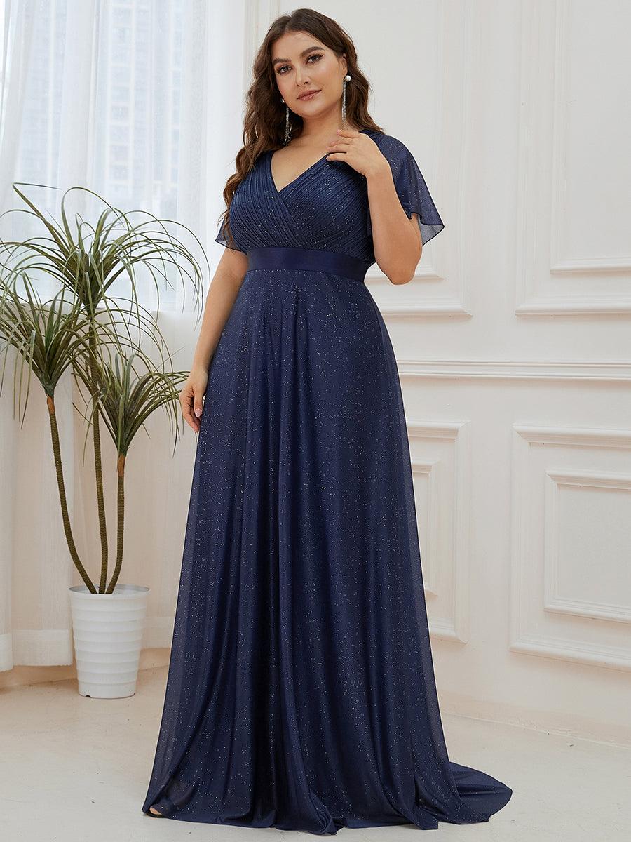Robe de soirée grande taille manches courtes et col en V #Couleur_Bleu Marine