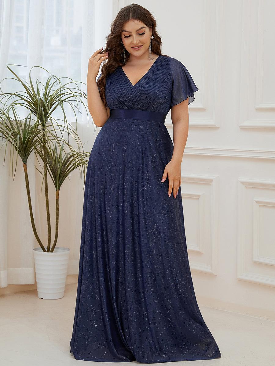 Robe de soirée grande taille manches courtes et col en V #Couleur_Bleu Marine