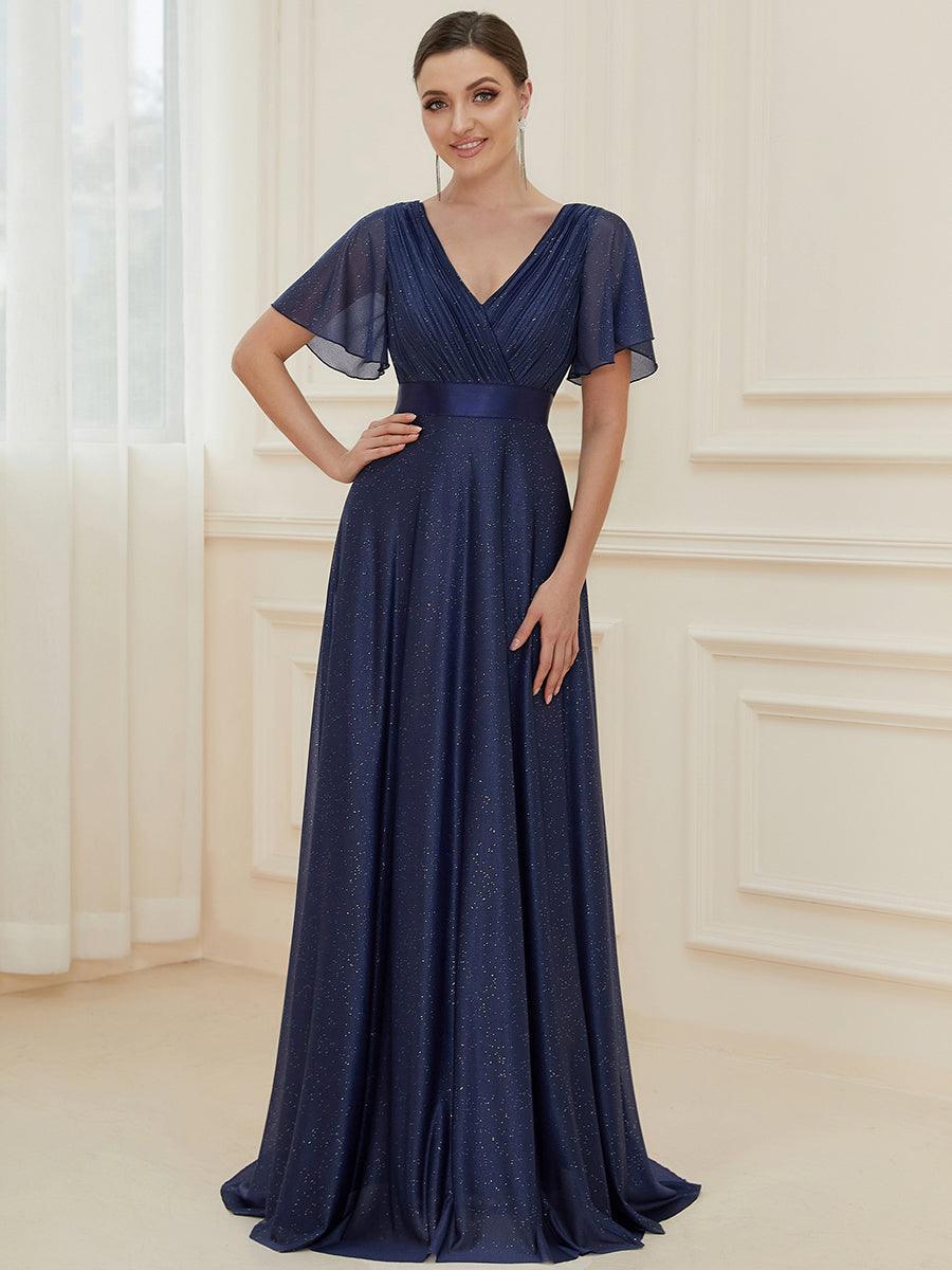 Robe de soirée longue scintillante à col en V et à manches flottantes #Couleur_Bleu Marine