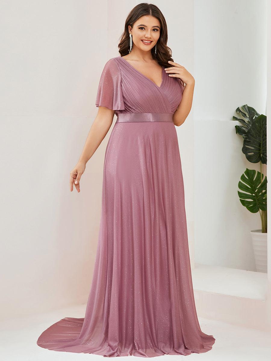 Robe de soirée grande taille manches courtes et col en V #Couleur_Orchidee
