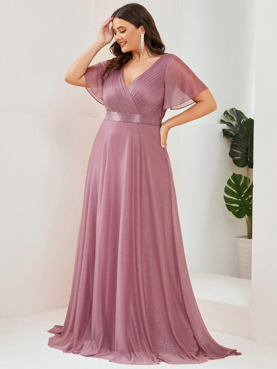 Robe de soirée grande taille manches courtes et col en V #Couleur_Orchidee