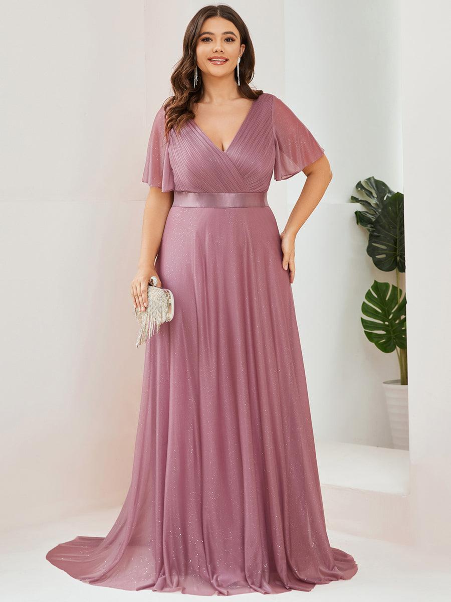 Robe de soirée grande taille manches courtes et col en V #Couleur_Orchidee