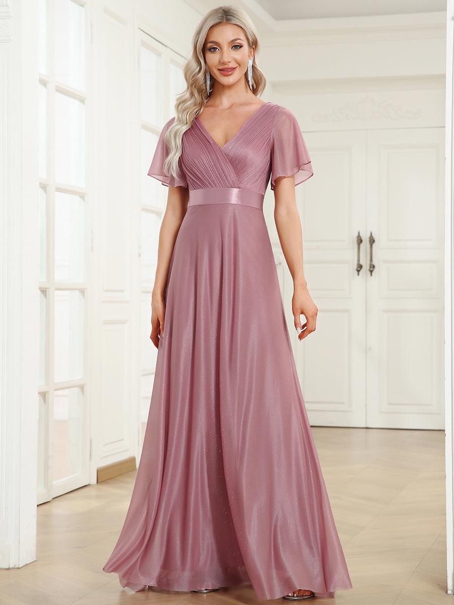 Robe de soirée longue scintillante à col en V et à manches flottantes #Couleur_Orchidee