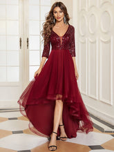 Robe de soirée haute basse à manches 3/4 et col en V à sequins #Couleur_Bordeaux