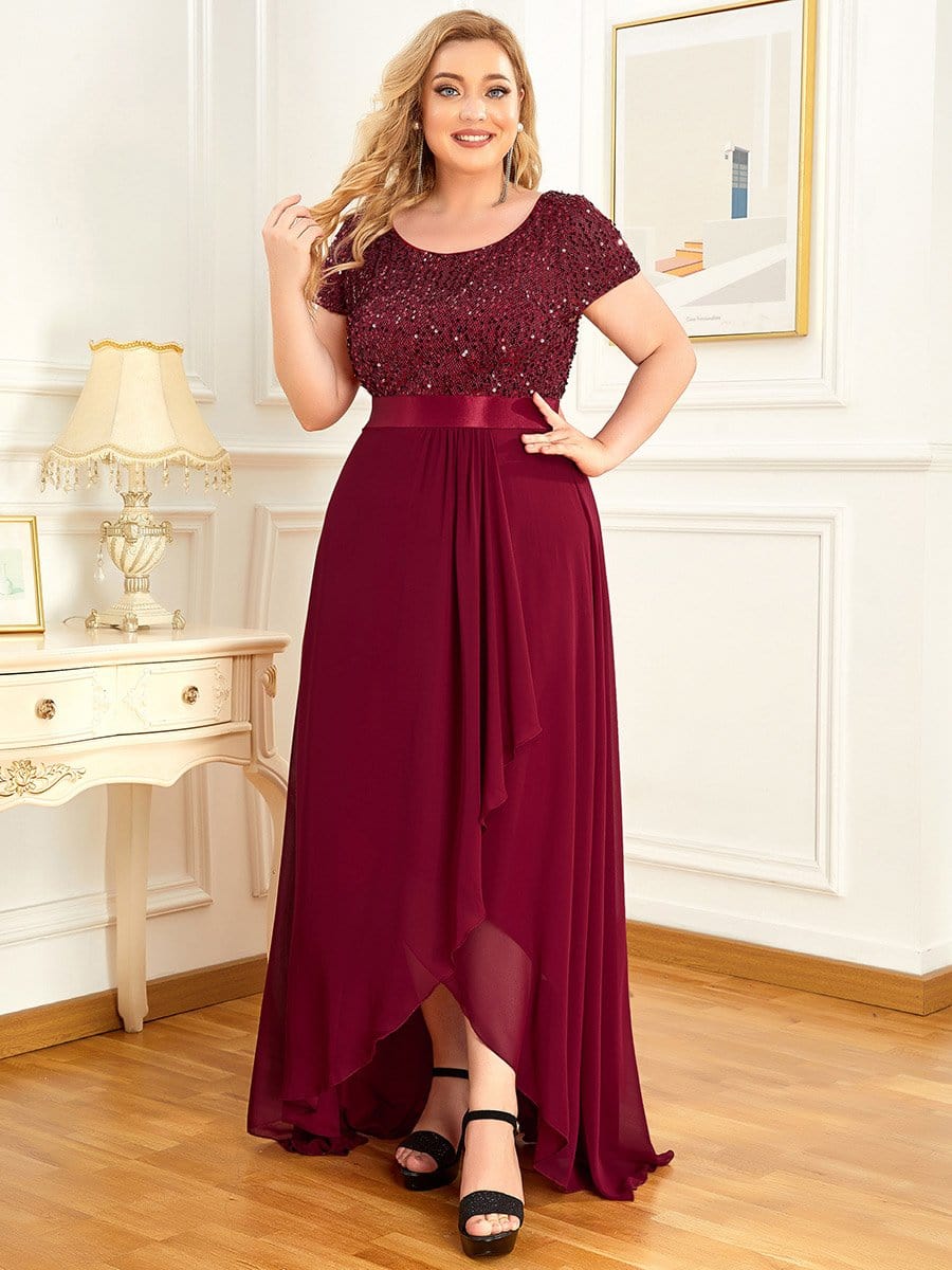 Color=Bordeaux | Robe de soirée à manches courtes et à sequins-Bordeaux 1