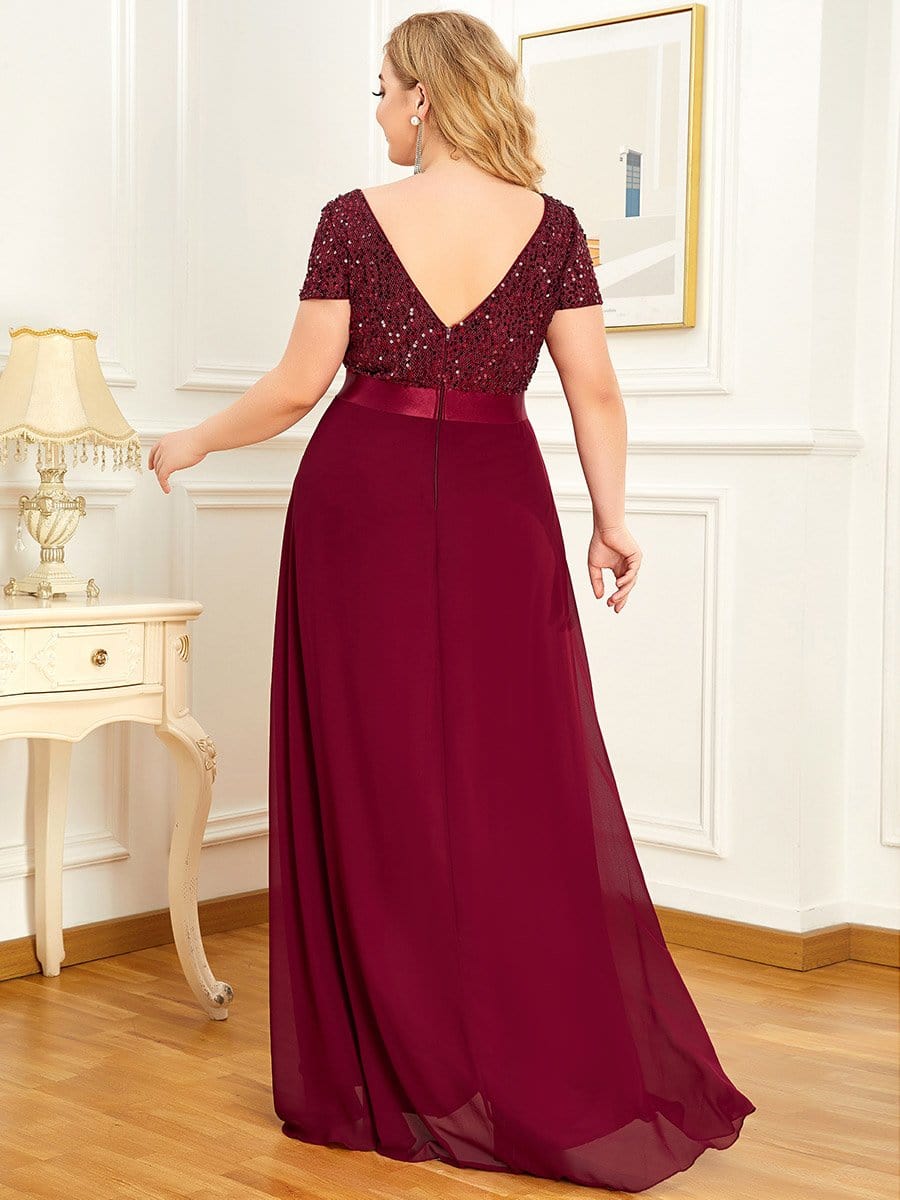 Color=Bordeaux | Robe de soirée à manches courtes et à sequins-Bordeaux 2