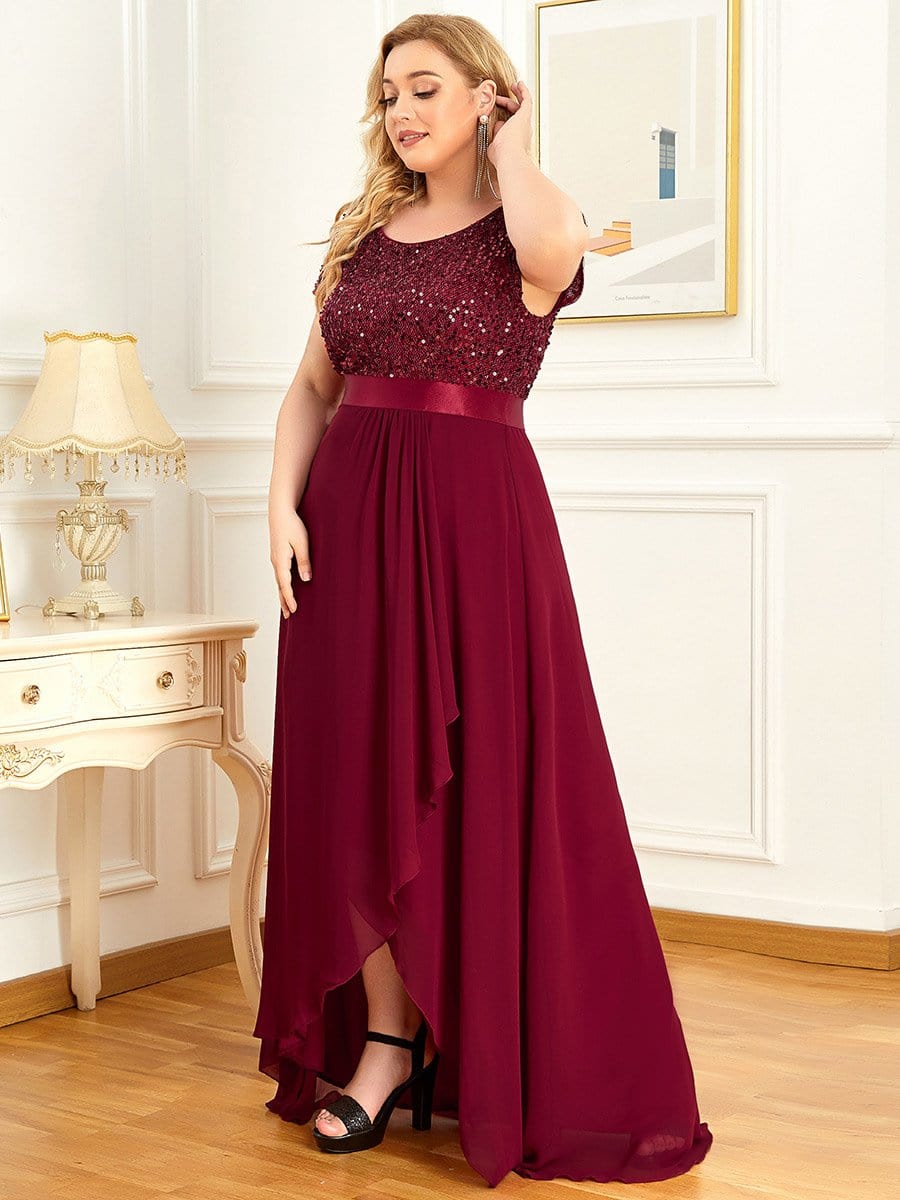 Color=Bordeaux | Robe de soirée à manches courtes et à sequins-Bordeaux 4