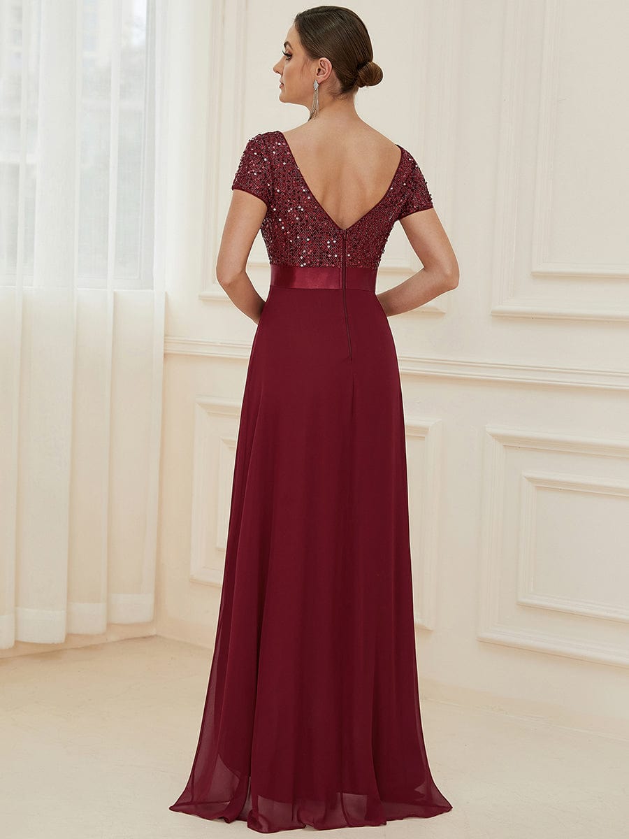 Color=Bordeaux | Robe de soirée haute basse à sequins à manches courtes-Bordeaux 2