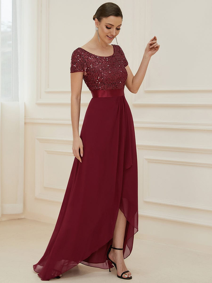 Color=Bordeaux | Robe de soirée haute basse à sequins à manches courtes-Bordeaux 4