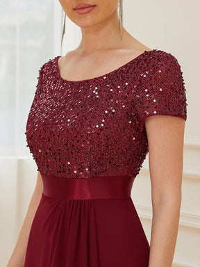 Color=Bordeaux | Robe de soirée haute basse à sequins à manches courtes-Bordeaux 3