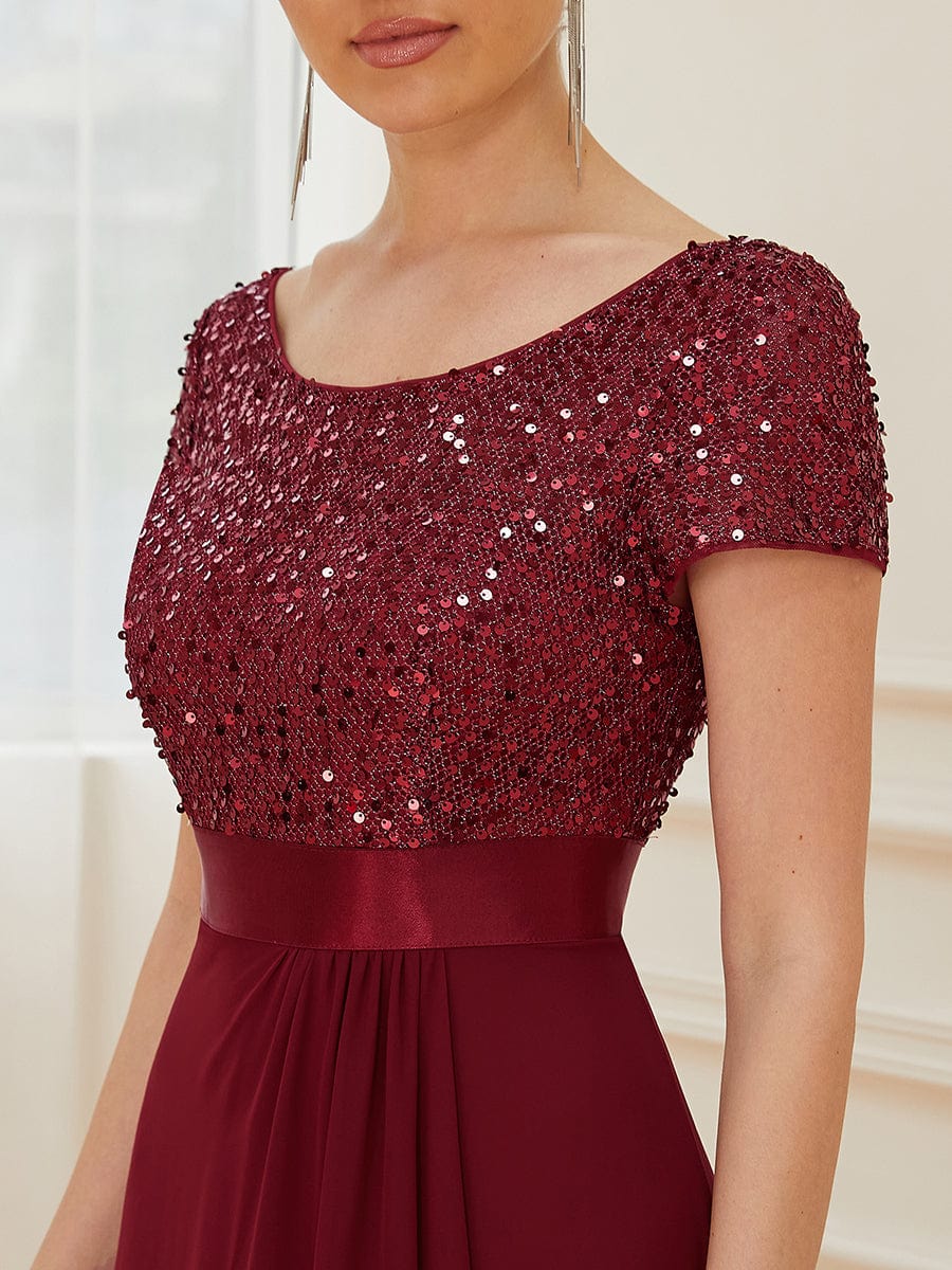 Color=Bordeaux | Robe de soirée haute basse à sequins à manches courtes-Bordeaux 3