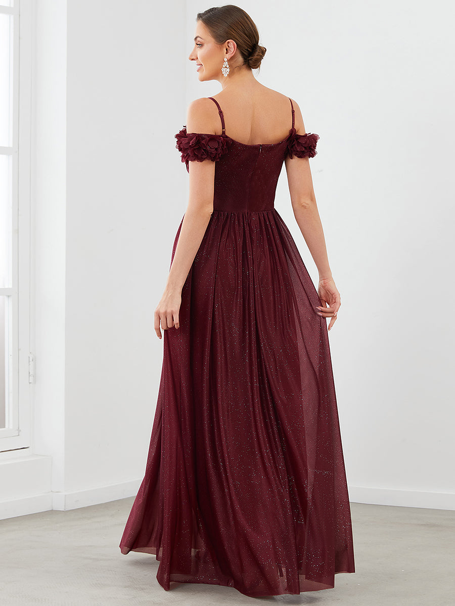 Robe de soirée brillante à col en V et à épaules dénudées