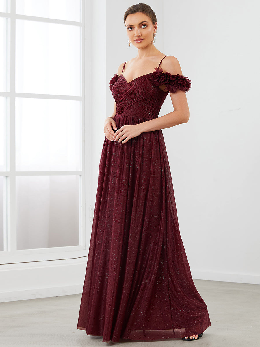 Robe de soirée brillante à col en V et à épaules dénudées