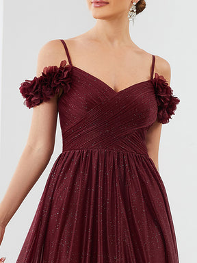 Robe de soirée brillante à col en V et à épaules dénudées