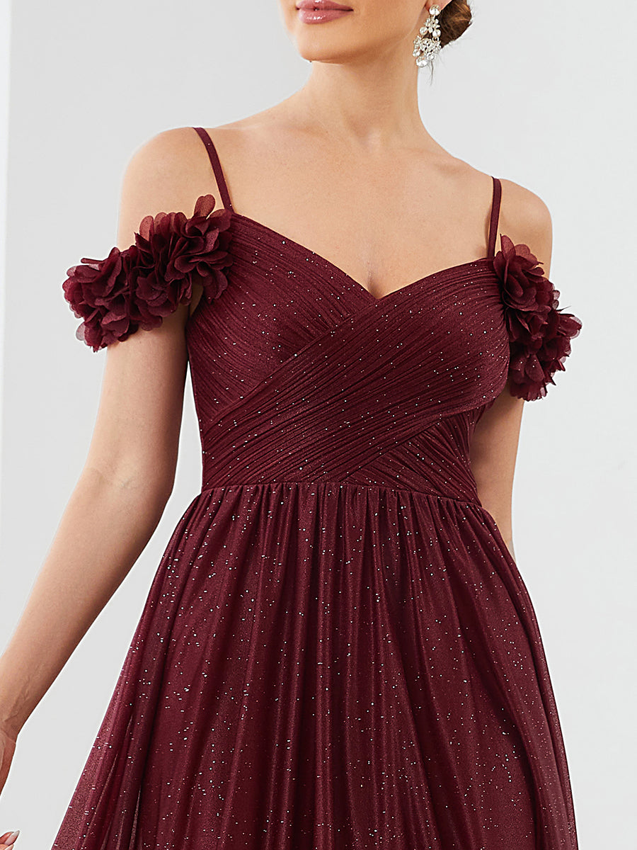 Robe de soirée brillante à col en V et à épaules dénudées