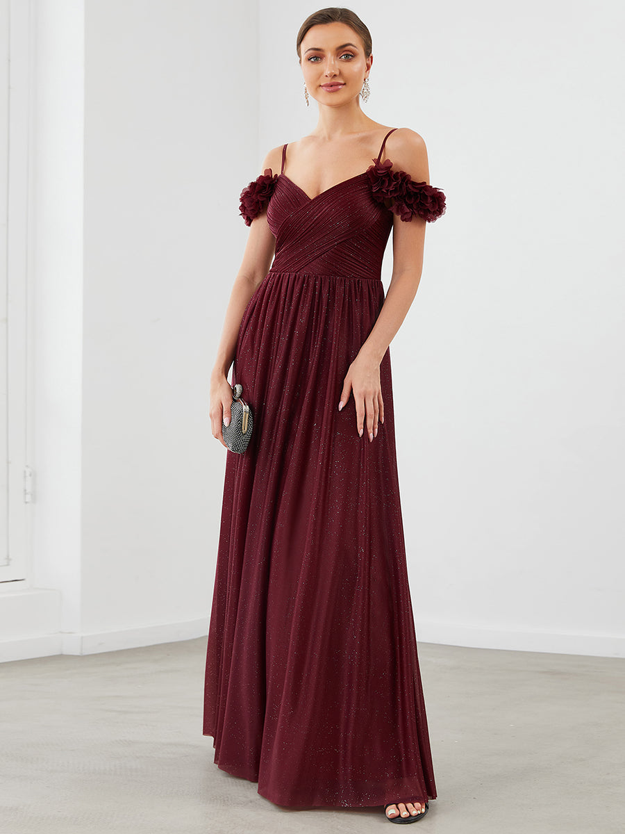 Robe de soirée brillante à col en V et à épaules dénudées