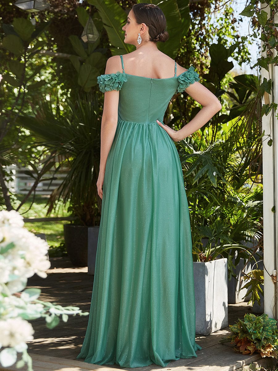 Robe de soirée brillante à col en V et à épaules dénudées