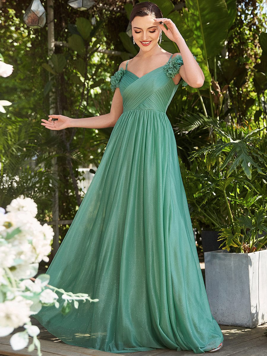 Robe de soirée brillante à col en V et à épaules dénudées