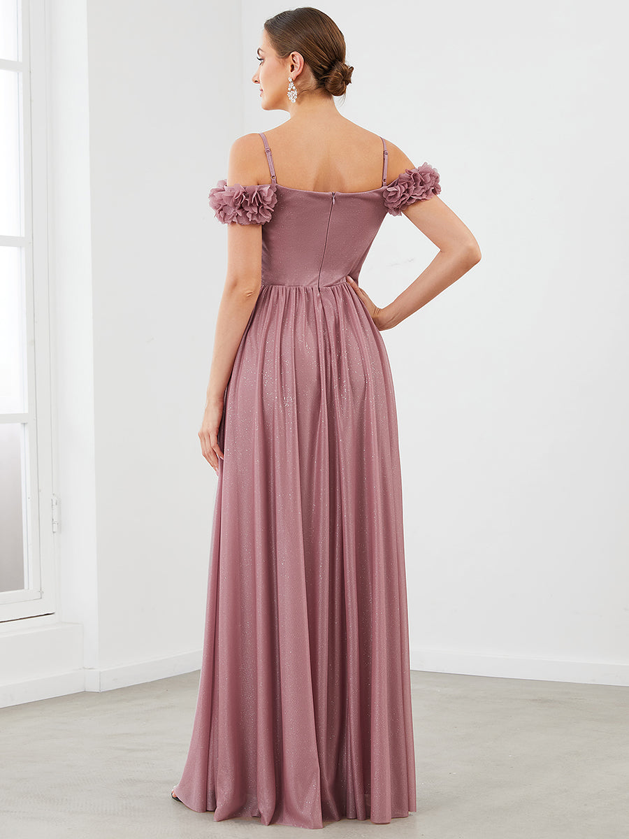 Robe de soirée brillante à col en V et à épaules dénudées