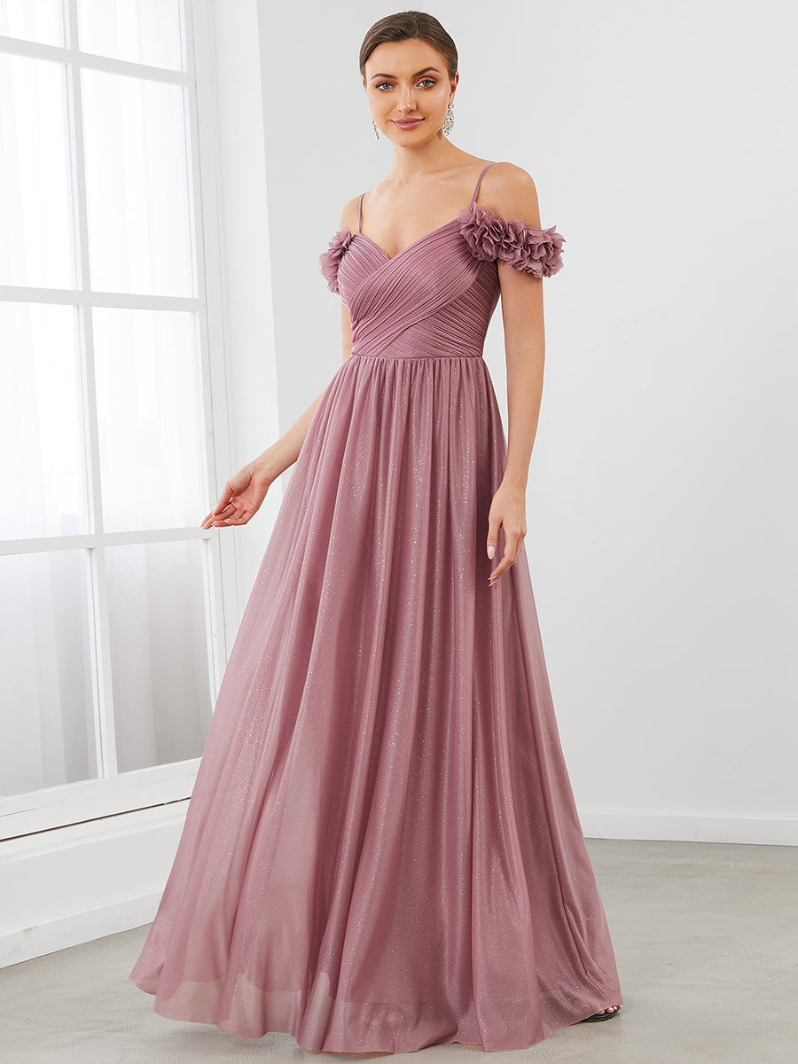 Robe de soirée brillante à col en V et à épaules dénudées
