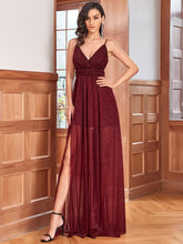 Robe de soirée plissée sans manches à bretelles spaghetti et col en V #Couleur_Bordeaux
