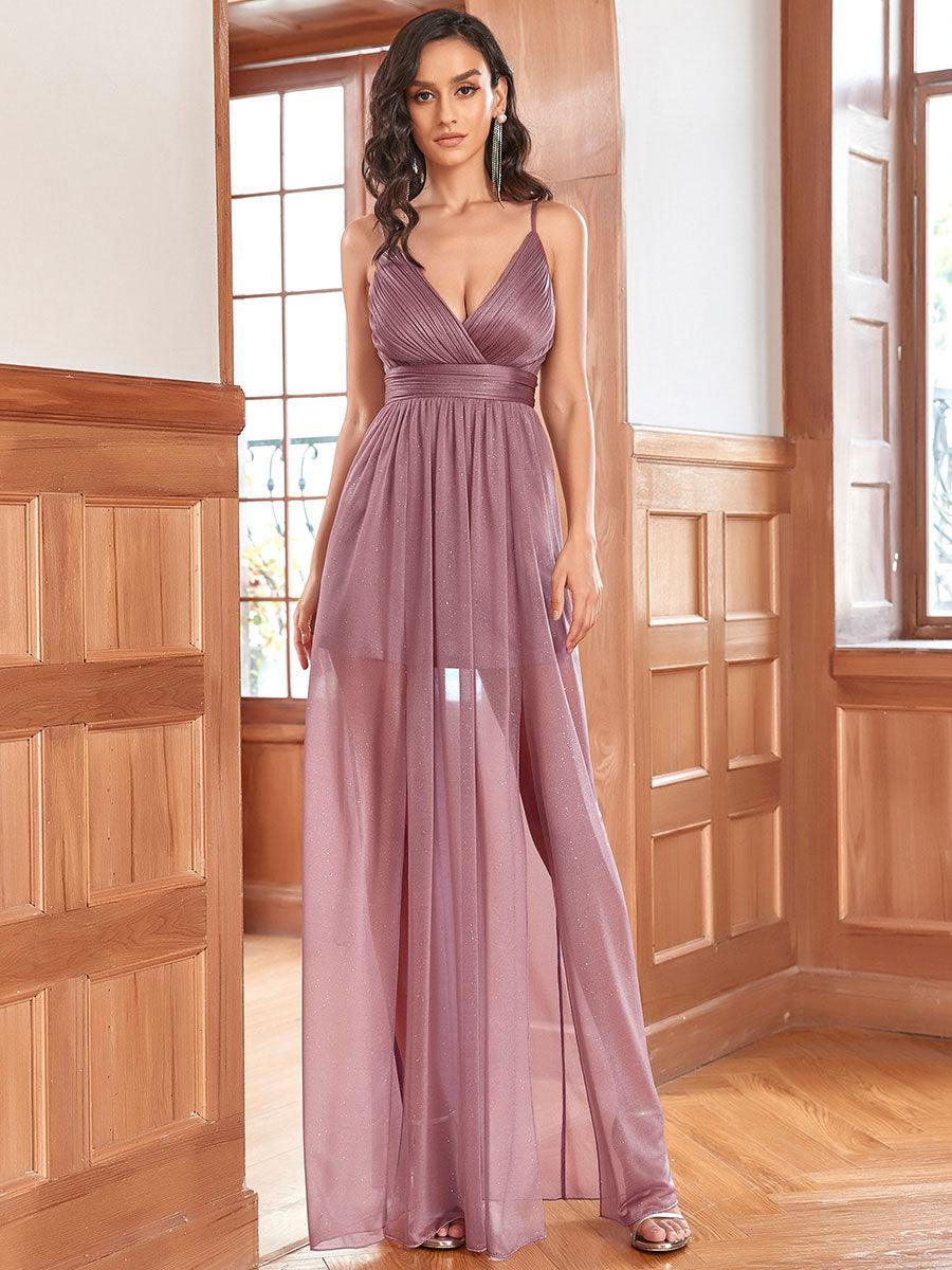 Robe de soirée plissée sans manches à bretelles spaghetti et col en V #Couleur_Orchidee