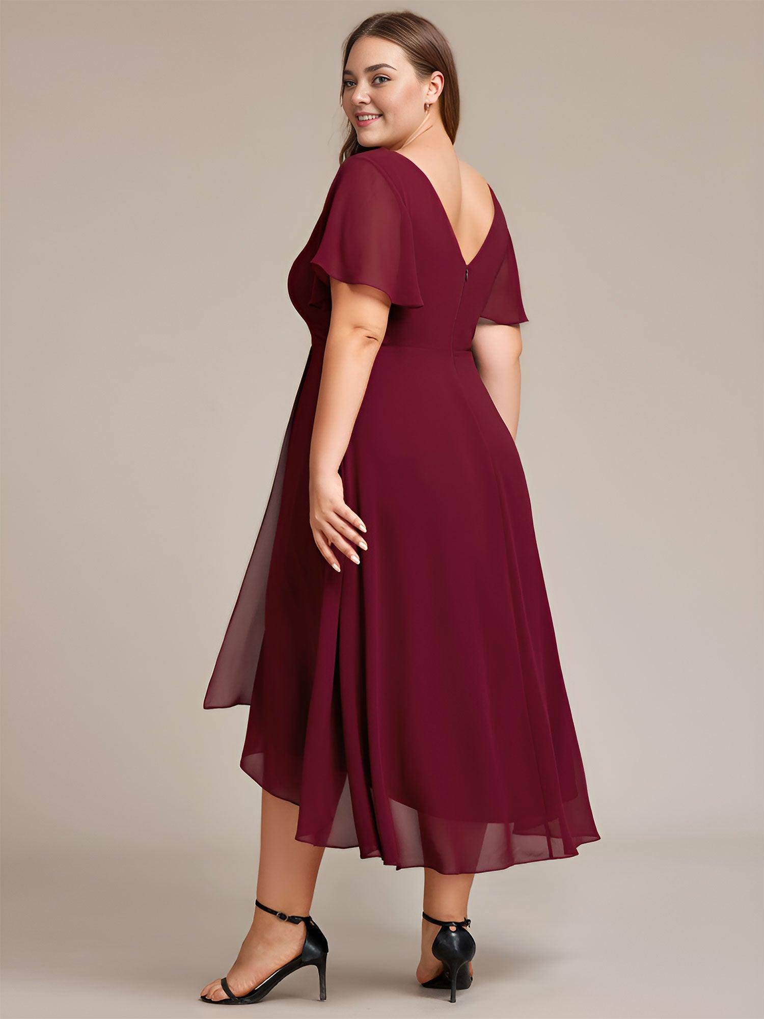 Robe Mariage Invitée haute-basse mousseline col en V Manches à volants #Couleur_Bordeaux