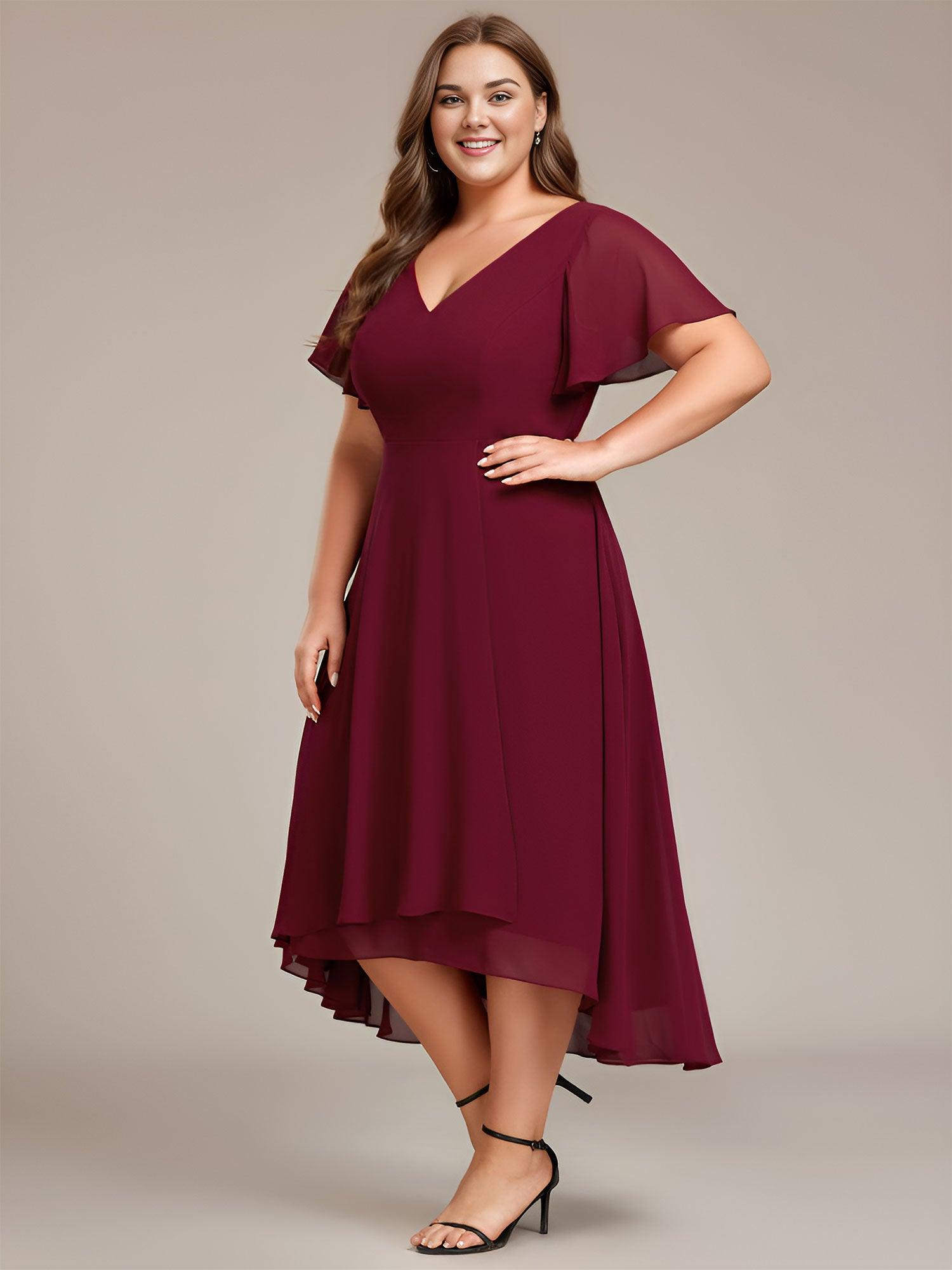 Robe Mariage Invitée haute-basse mousseline col en V Manches à volants #Couleur_Bordeaux