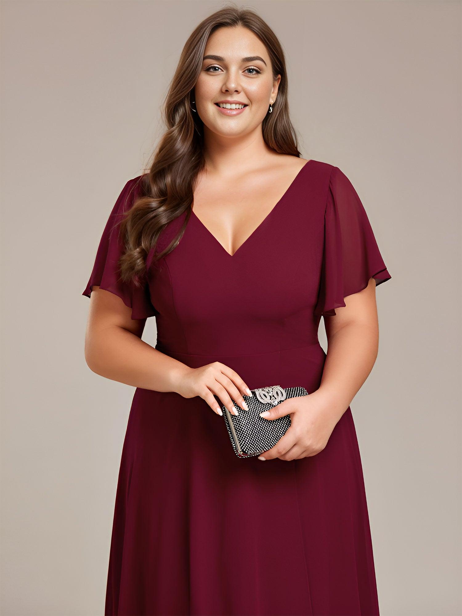 Robe Mariage Invitée haute-basse mousseline col en V Manches à volants #Couleur_Bordeaux