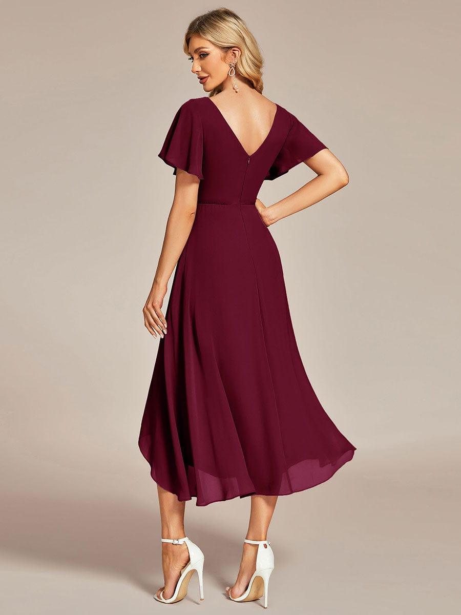 Robe Mariage Invitée haute-basse mousseline col en V Manches à volants #Couleur_Bordeaux