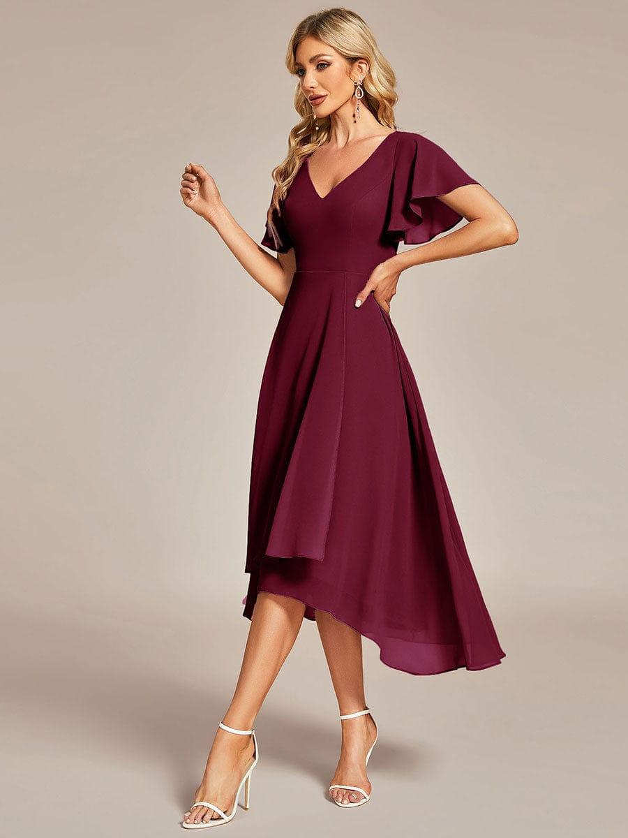 Robe Mariage Invitée haute-basse mousseline col en V Manches à volants #Couleur_Bordeaux