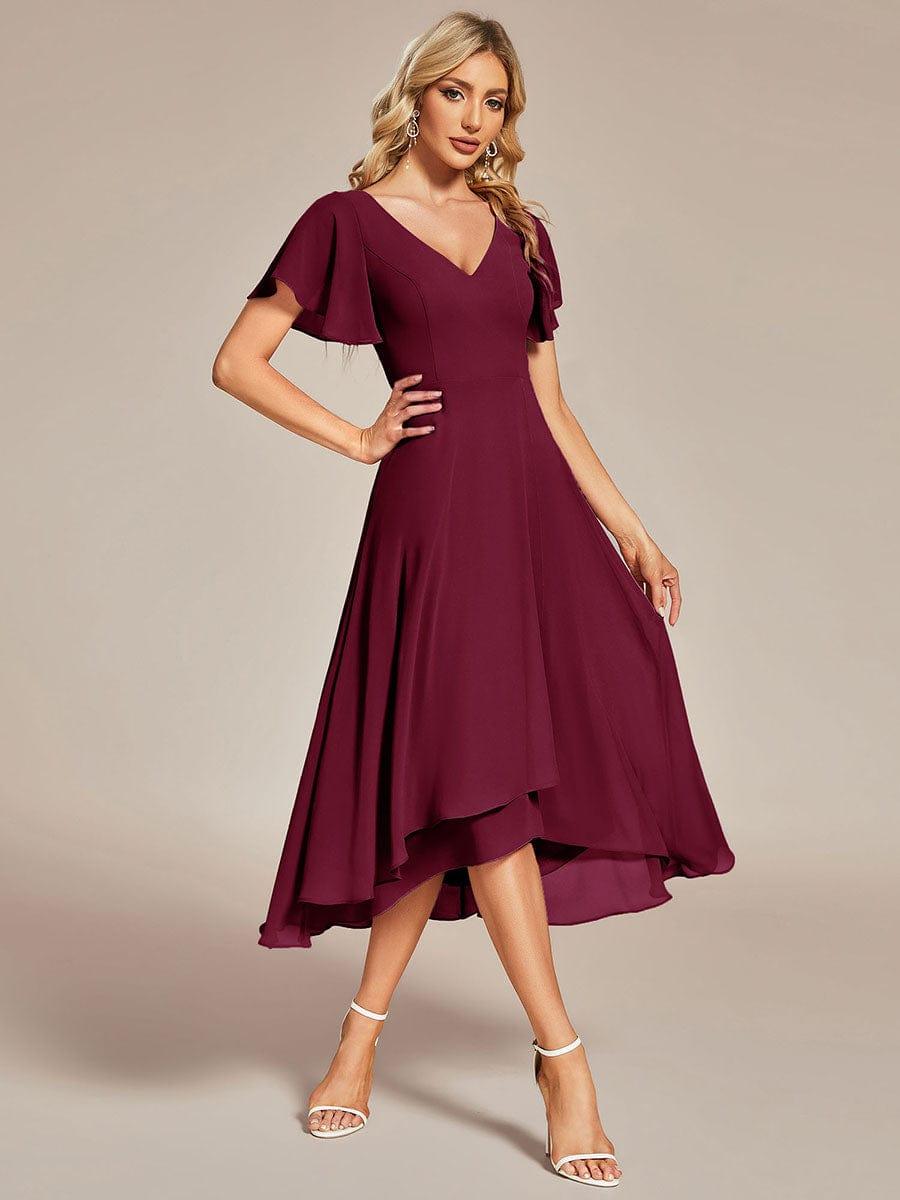 Robe Mariage Invitée haute-basse mousseline col en V Manches à volants #Couleur_Bordeaux