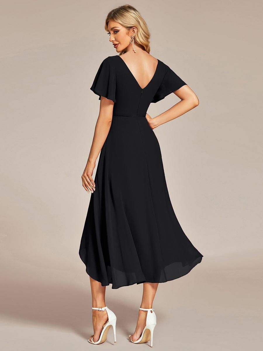 Robe Mariage Invitée haute-basse mousseline col en V Manches à volants #Couleur_Noir